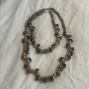 Gold-Tone Beaded Double Strand Necklace with Black & Brown Accents